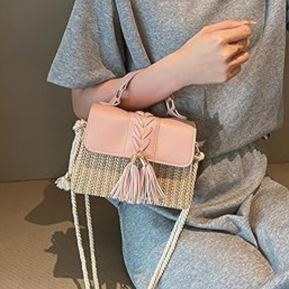 Neiman Marcus Pink Straw & Leather Flap Gold Hardware Crossbody - Picture 5 of 5